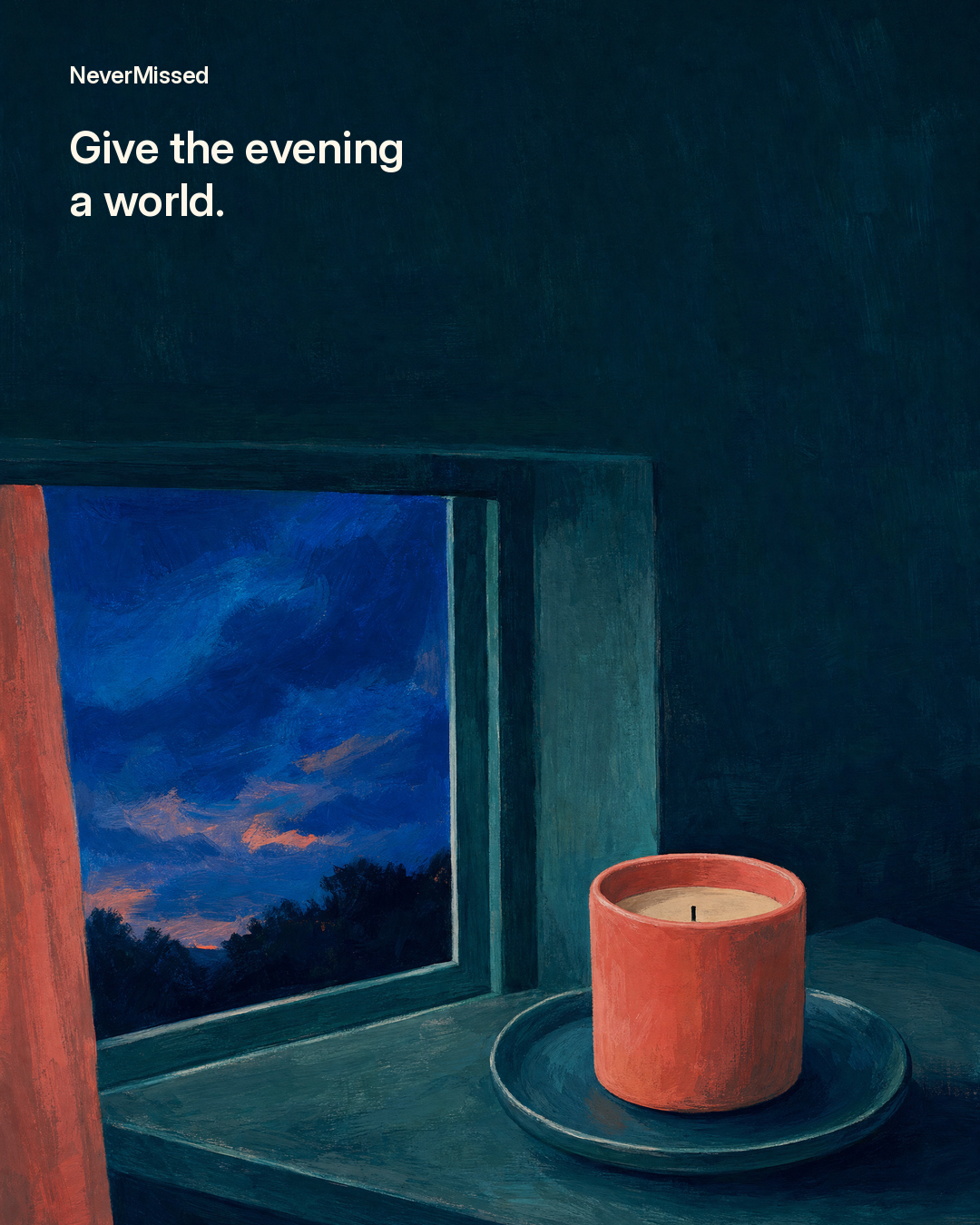 NeverMissed illustrated candle concept in a richly coloured evening setting